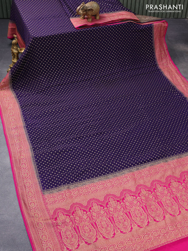 Pure banarasi crepe silk saree navy blue and pink with allover thread & zari woven butta weaves and woven border