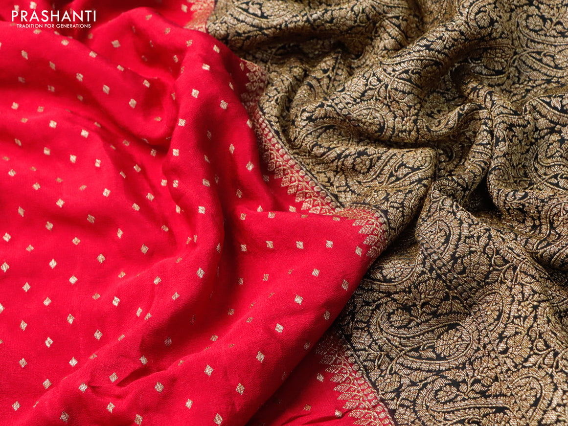 Pure banarasi crepe silk saree red and black with allover thread & zari woven geometric butta weaves and paisley woven border