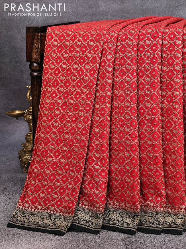 Pure banarasi crepe silk saree red and black with allover thread & zari woven brocade weaves and woven border