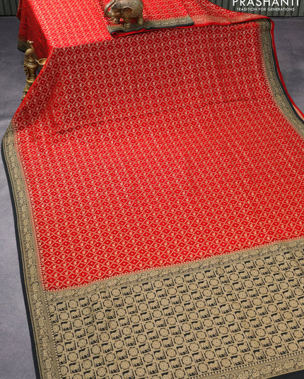 Pure banarasi crepe silk saree red and black with allover thread & zari woven brocade weaves and woven border