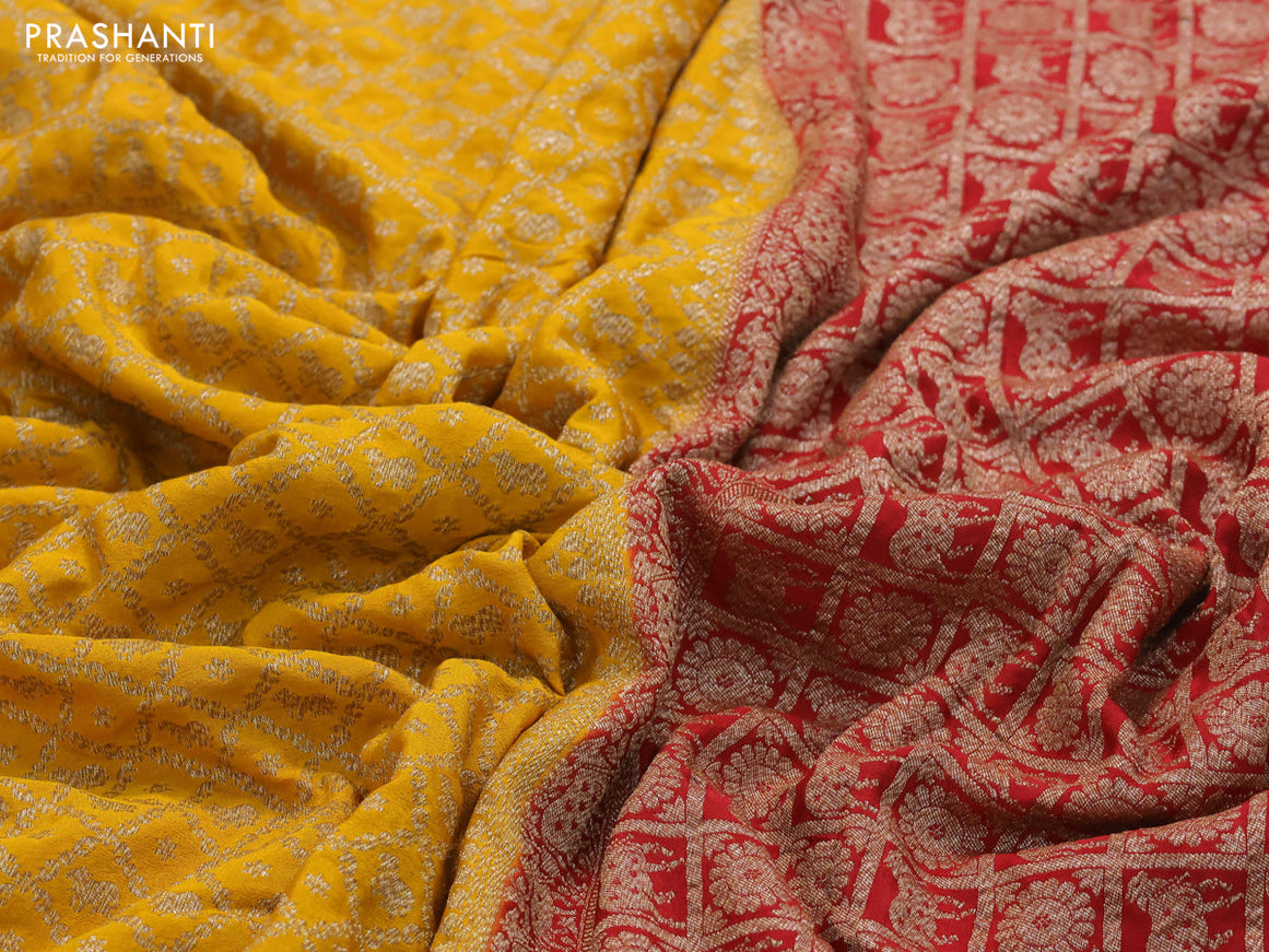 Pure banarasi crepe silk saree mustard yellow and red with allover thread & zari woven brocade weaves and woven border