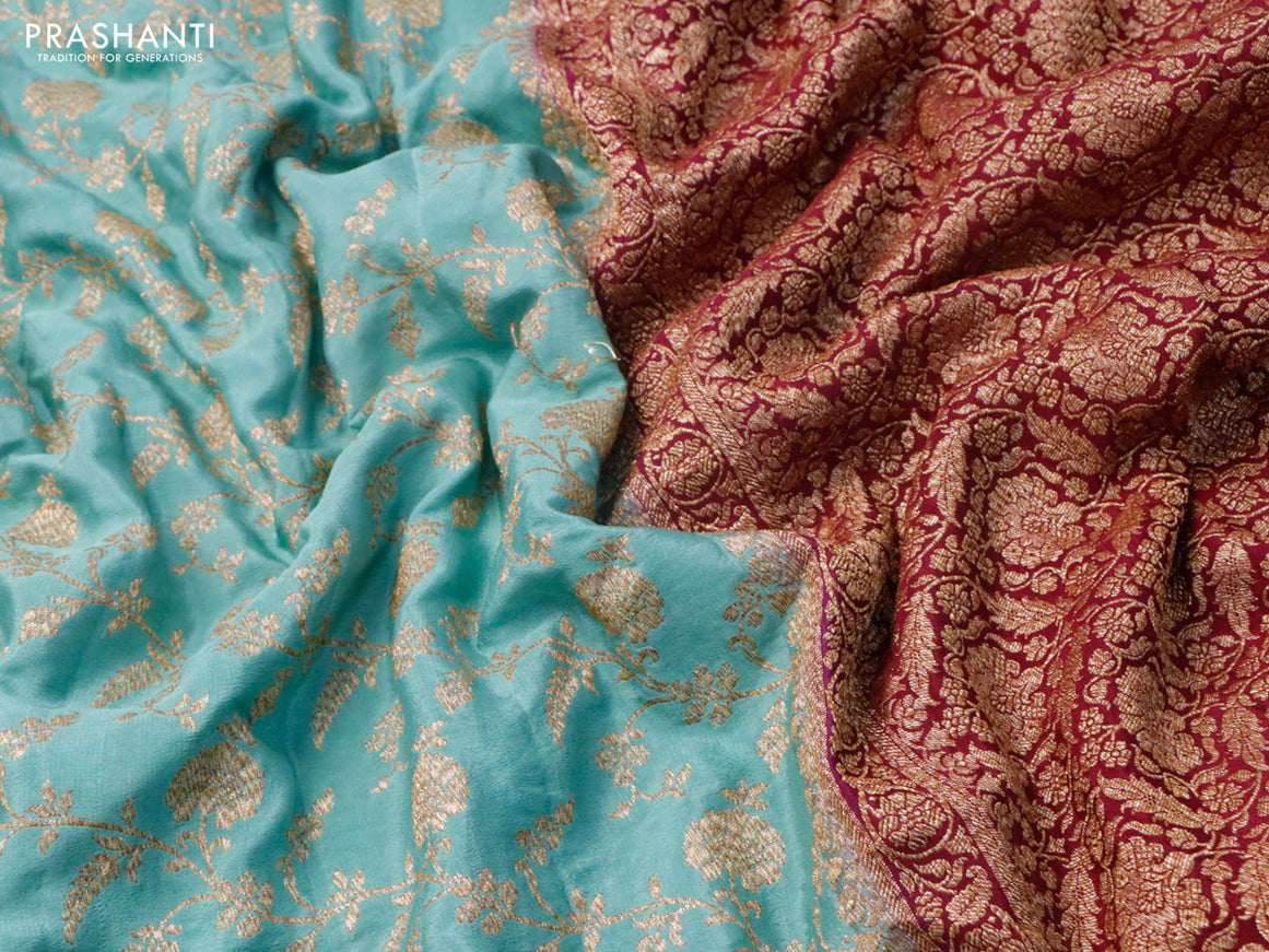 Pure banarasi crepe silk saree pastel green and dark magenta with allover thread & zari woven floral brocade weaves and woven border