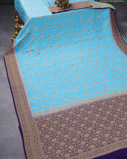 Pure banarasi crepe silk saree light blue and blue with allover thread & zari woven floral brocade weaves and woven border