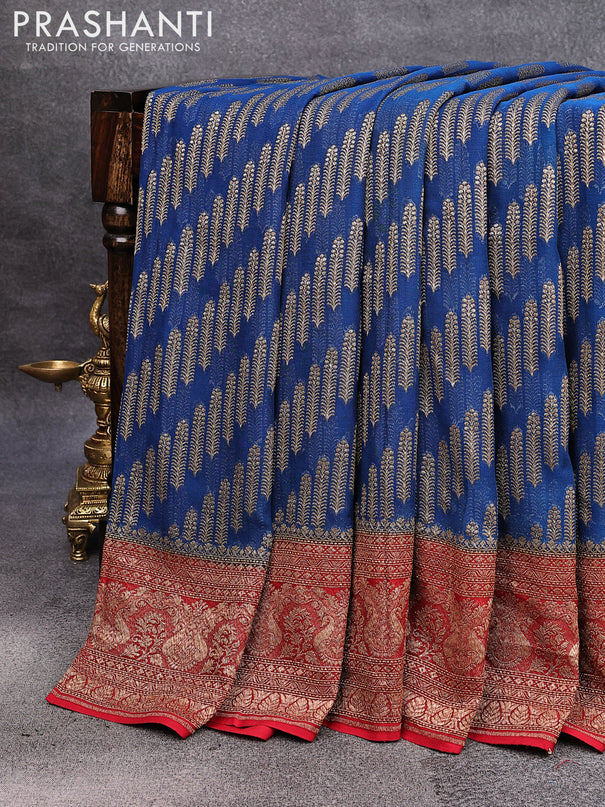 Pure banarasi georgette silk saree peacock blue and red with allover thread & zari weaves and rich woven border