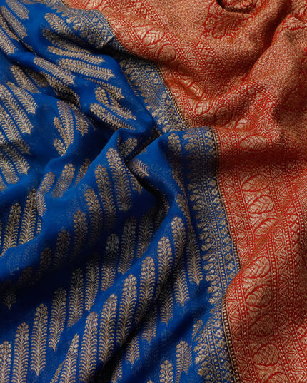 Pure banarasi georgette silk saree peacock blue and red with allover thread & zari weaves and rich woven border