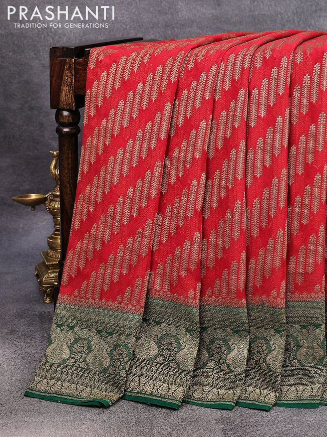 Pure banarasi georgette silk saree red and green with allover thread & zari weaves and rich woven border