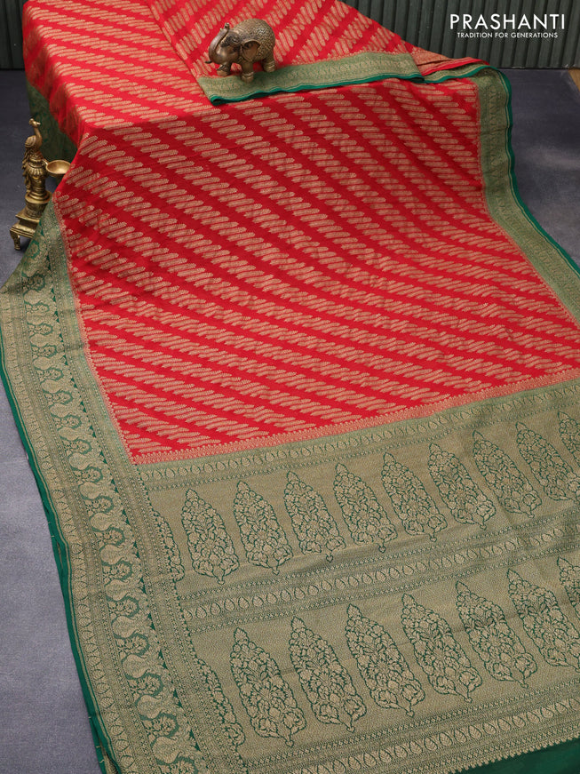 Pure banarasi georgette silk saree red and green with allover thread & zari weaves and rich woven border