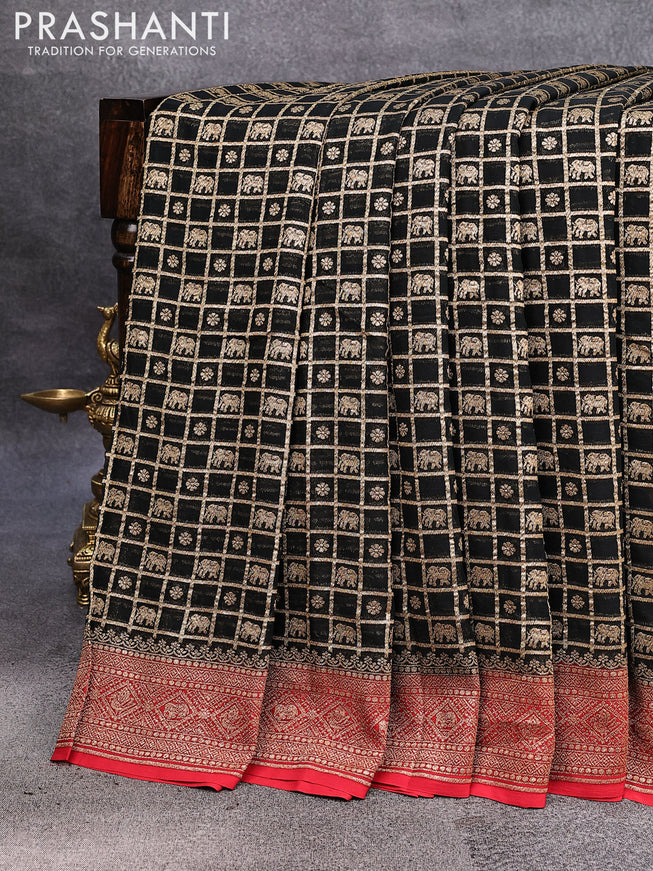 Pure banarasi georgette silk saree black and red with allover thread & zari checks butta weaves and woven border