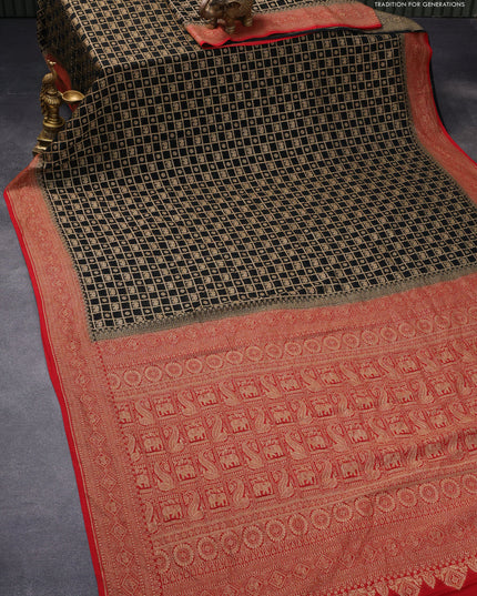 Pure banarasi georgette silk saree black and red with allover thread & zari checks butta weaves and woven border