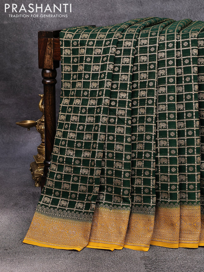 Pure banarasi georgette silk saree green and mustard yellow with allover thread & zari checks butta weaves and woven border