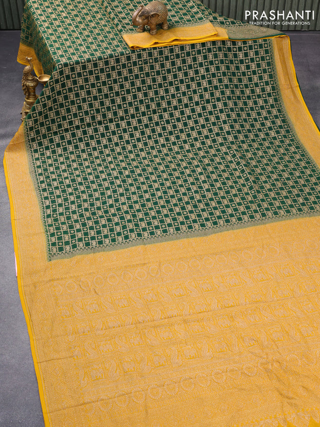 Pure banarasi georgette silk saree green and mustard yellow with allover thread & zari checks butta weaves and woven border