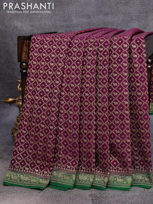 Pure banarasi crepe silk saree purple and green with allover thread & zari woven brocade weaves and woven border