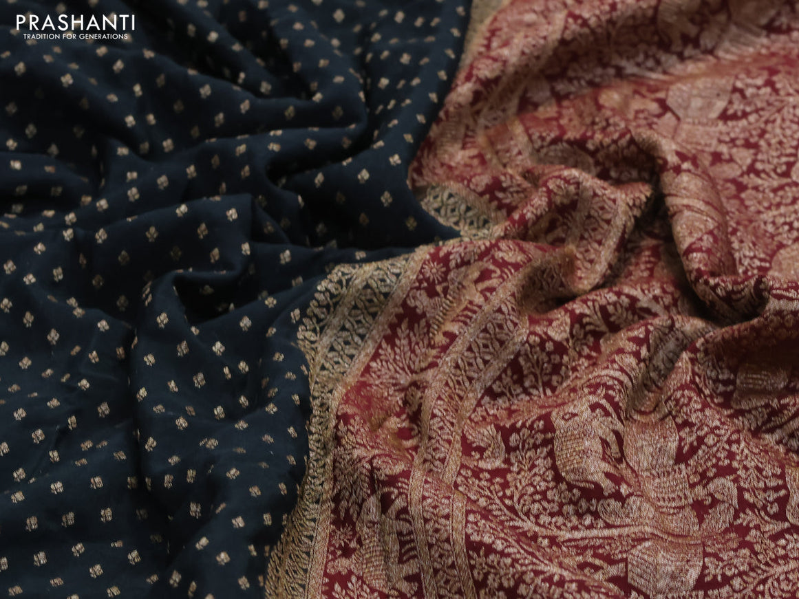 Pure banarasi crepe silk saree black and deep maroon with allover thread & zari woven butta weaves and woven border