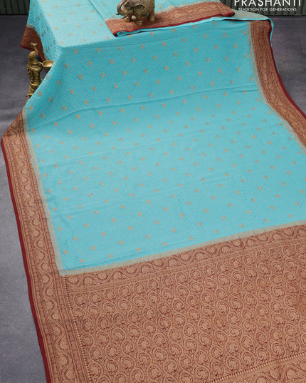Pure banarasi georgette silk saree teal blue and deep maroon with allover thread & zari woven butta weaves and woven border