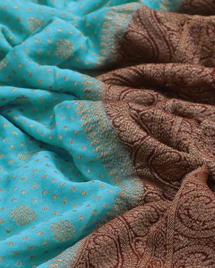 Pure banarasi georgette silk saree teal blue and deep maroon with allover thread & zari woven butta weaves and woven border
