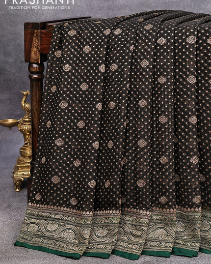 Pure banarasi georgette silk saree black and dark green with allover thread & zari woven butta weaves and woven border
