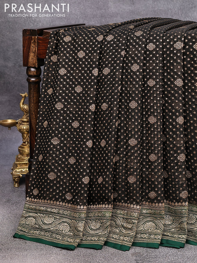 Pure banarasi georgette silk saree black and dark green with allover thread & zari woven butta weaves and woven border