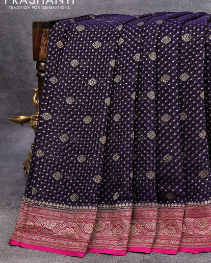Pure banarasi georgette silk saree dark blue and pink with allover thread & zari woven butta weaves and woven border