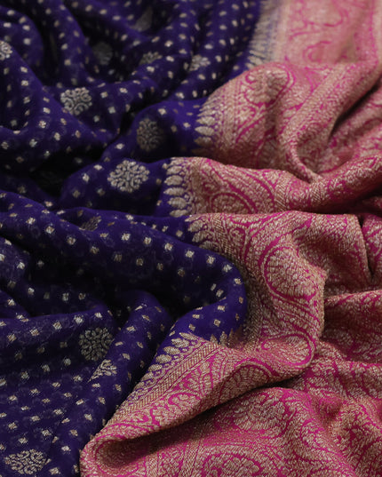 Pure banarasi georgette silk saree dark blue and pink with allover thread & zari woven butta weaves and woven border
