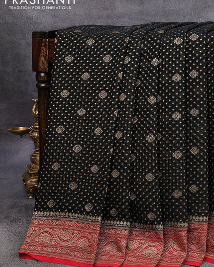 Pure banarasi georgette silk saree black and red with allover thread & zari woven butta weaves and woven border