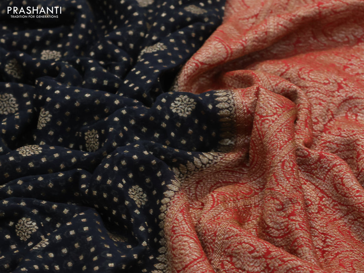 Pure banarasi georgette silk saree black and red with allover thread & zari woven butta weaves and woven border