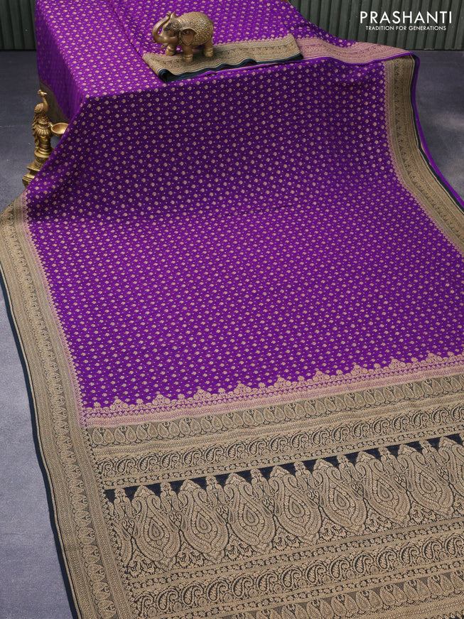 Pure banarasi georgette silk saree violet and dark bottle green with allover thread & zari woven butta weaves and woven border