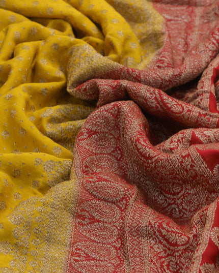Pure banarasi georgette silk saree mustard yellow and red with allover thread & zari woven butta weaves and woven border