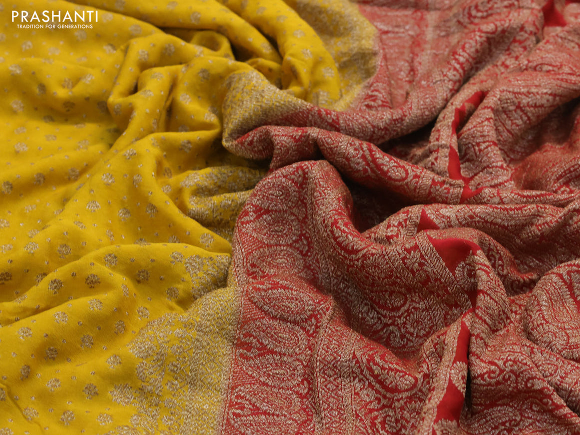 Pure banarasi georgette silk saree mustard yellow and red with allover thread & zari woven butta weaves and woven border