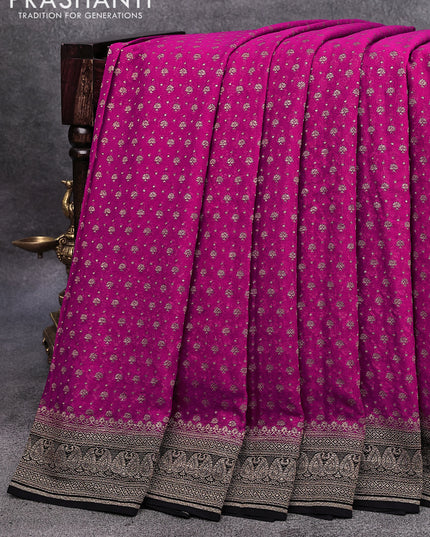 Pure banarasi georgette silk saree magenta pink and black with allover thread & zari woven butta weaves and woven border