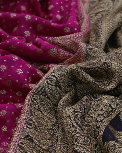 Pure banarasi georgette silk saree magenta pink and black with allover thread & zari woven butta weaves and woven border