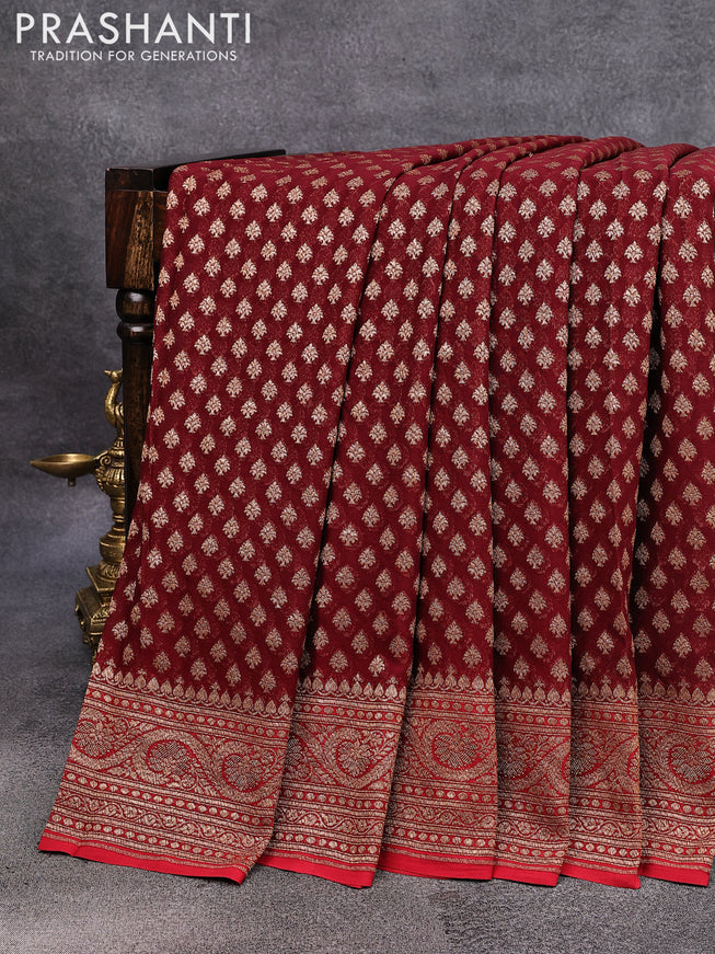 Pure banarasi georgette silk saree deep maroon and red with allover thread & zari woven butta weaves and woven border