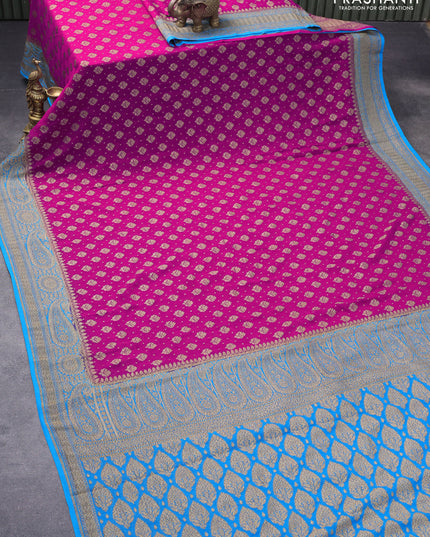 Pure banarasi georgette silk saree magenta pink and blue with allover thread & zari woven butta weaves and woven border