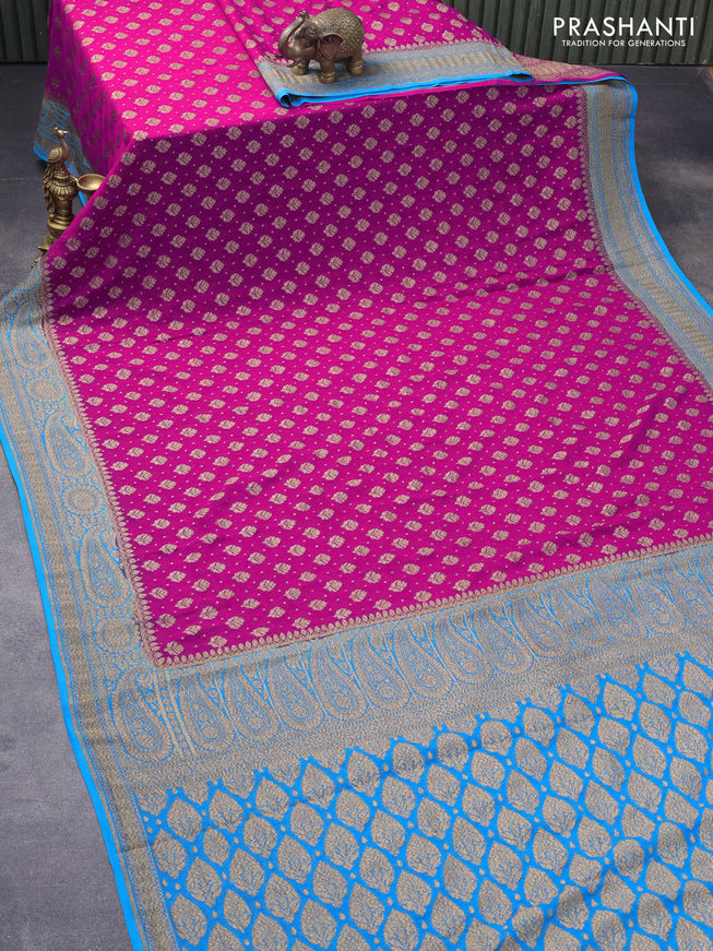 Pure banarasi georgette silk saree magenta pink and blue with allover thread & zari woven butta weaves and woven border
