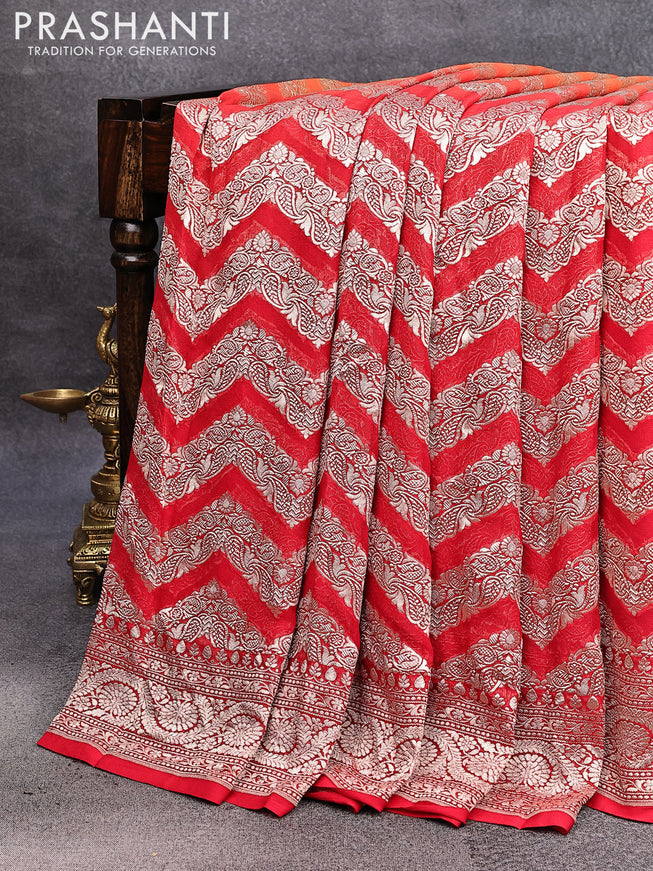 Pure banarasi georgette silk saree orange and red with allover zari woven zig zag weaves and zari woven border