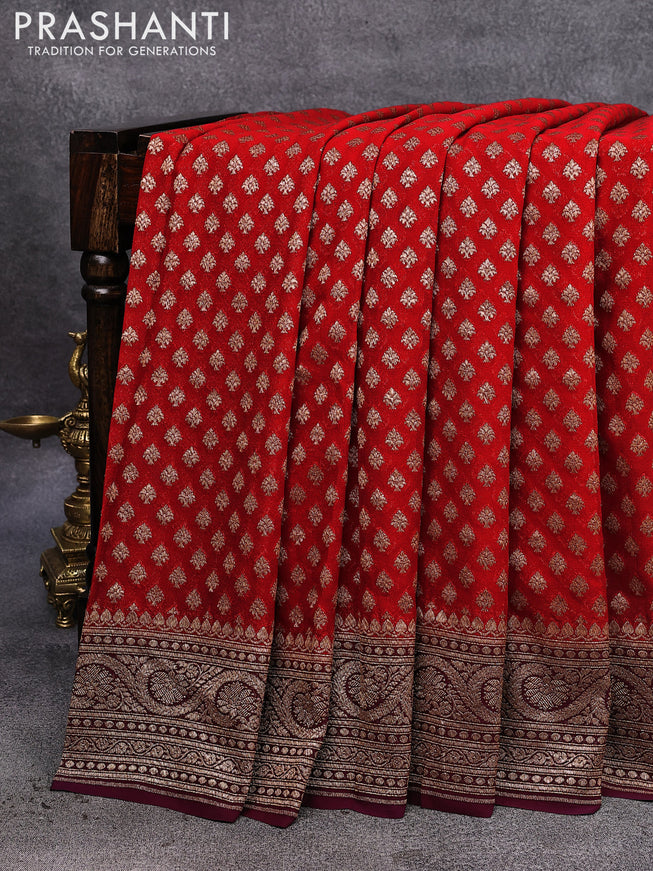 Pure banarasi georgette silk saree red and wine shade with allover thread & zari woven butta weaves and woven border
