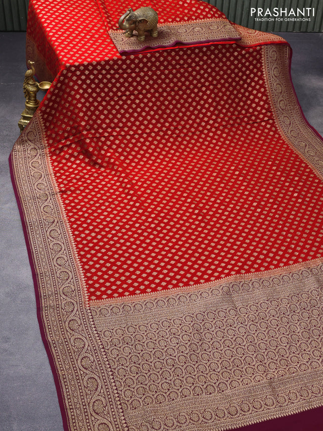 Pure banarasi georgette silk saree red and wine shade with allover thread & zari woven butta weaves and woven border