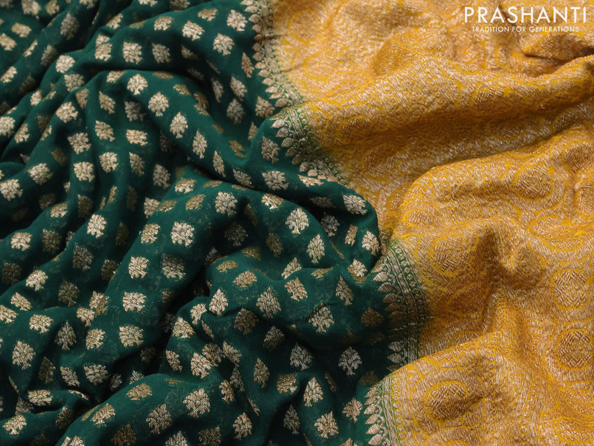 Pure banarasi georgette silk saree green and yellow with allover thread & zari woven butta weaves and woven border