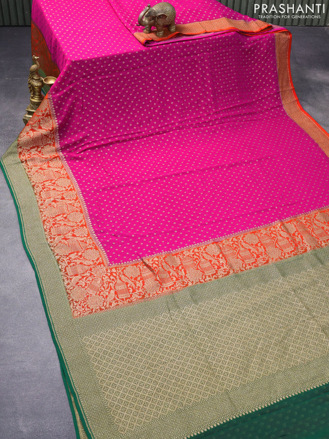 Pure banarasi georgette silk saree pink and orange green with allover thread & zari woven butta weaves and long rich woven border