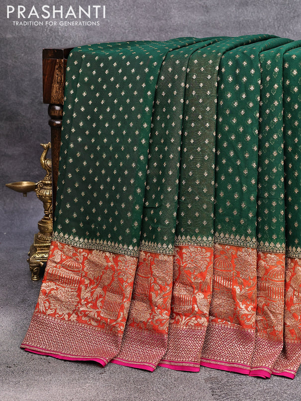 Pure banarasi georgette silk saree dark green and orange pink with allover thread & zari woven butta weaves and long rich woven border