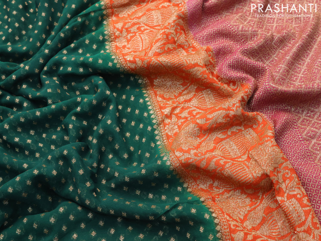 Pure banarasi georgette silk saree dark green and orange pink with allover thread & zari woven butta weaves and long rich woven border
