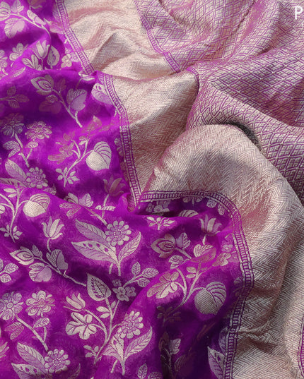 Pure banarasi georgette silk saree purple with allover zari woven floral brocade weaves and rich zari woven border