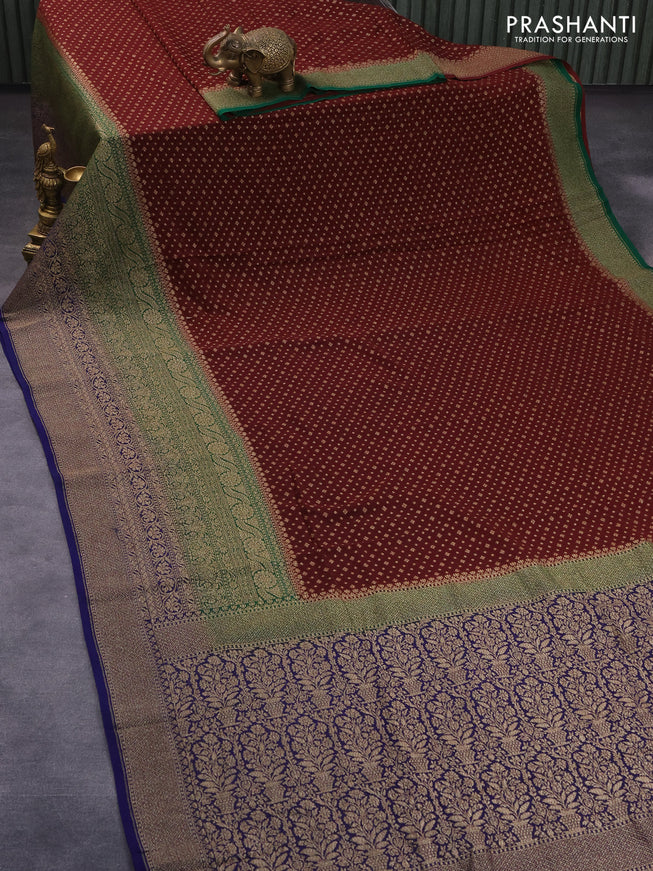 Pure banarasi georgette silk saree deep maroon and green blue with allover thread & zari woven butta weaves and long rich woven border
