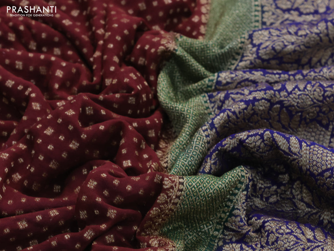 Pure banarasi georgette silk saree deep maroon and green blue with allover thread & zari woven butta weaves and long rich woven border