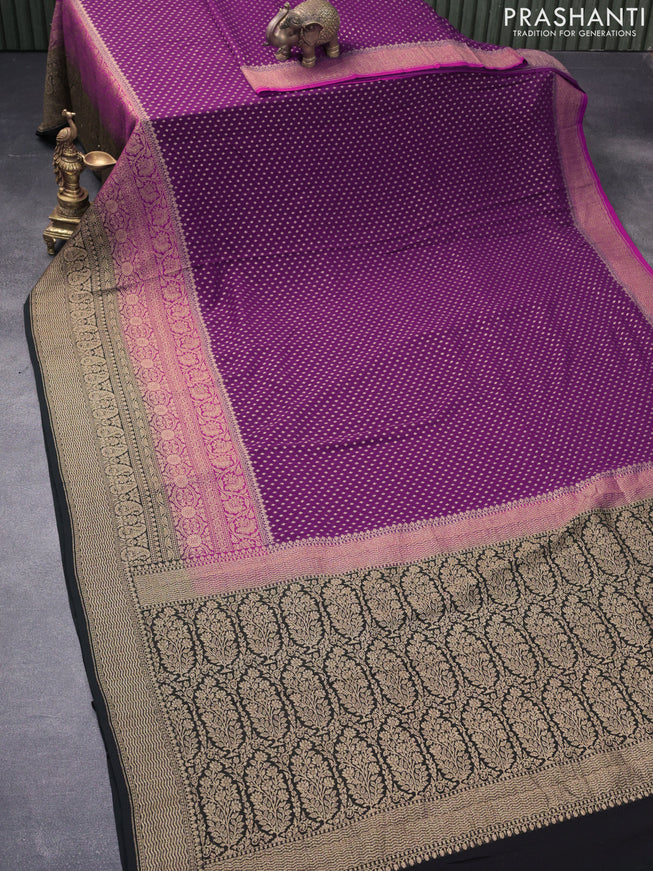 Pure banarasi georgette silk saree deep purple and maroon black with allover thread & zari woven butta weaves and long rich woven border