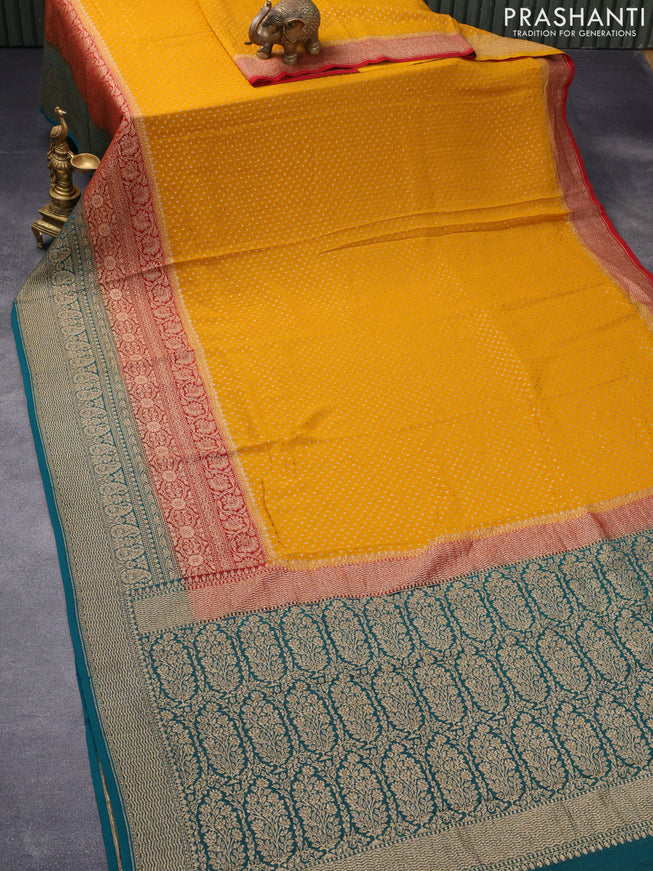 Pure banarasi georgette silk saree mustard yellow and maroon peacock green with allover thread & zari woven butta weaves and long rich woven border