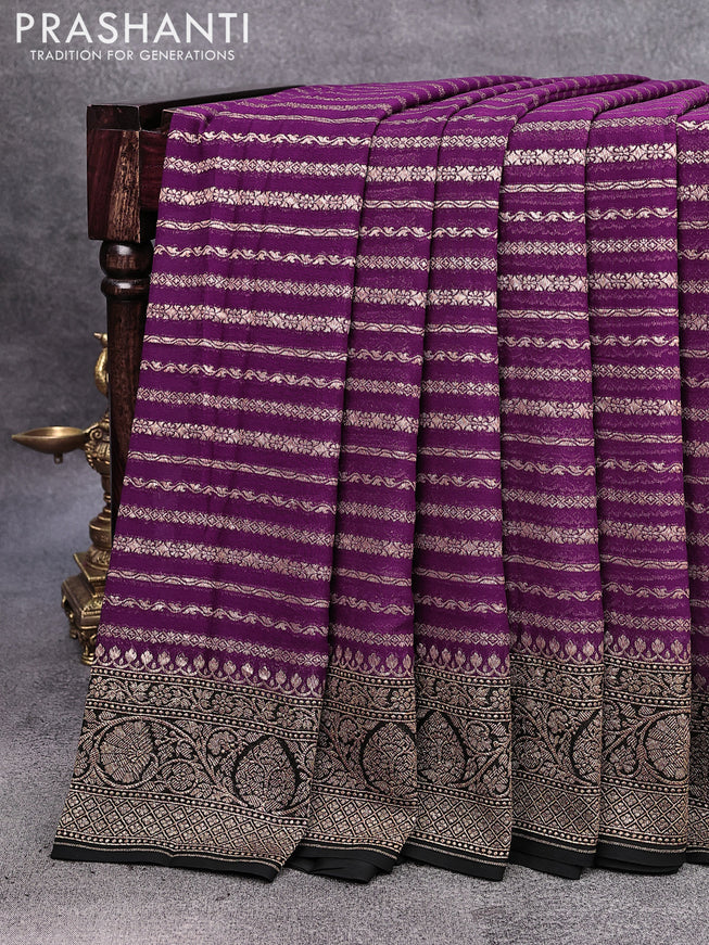 Pure banarasi georgette silk saree purple and black with allover thread & zari weaves and woven border