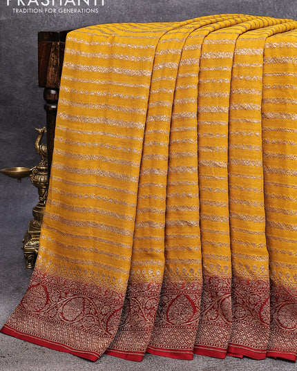 Pure banarasi georgette silk saree mustard yellow and maroon with allover thread & zari weaves and woven border