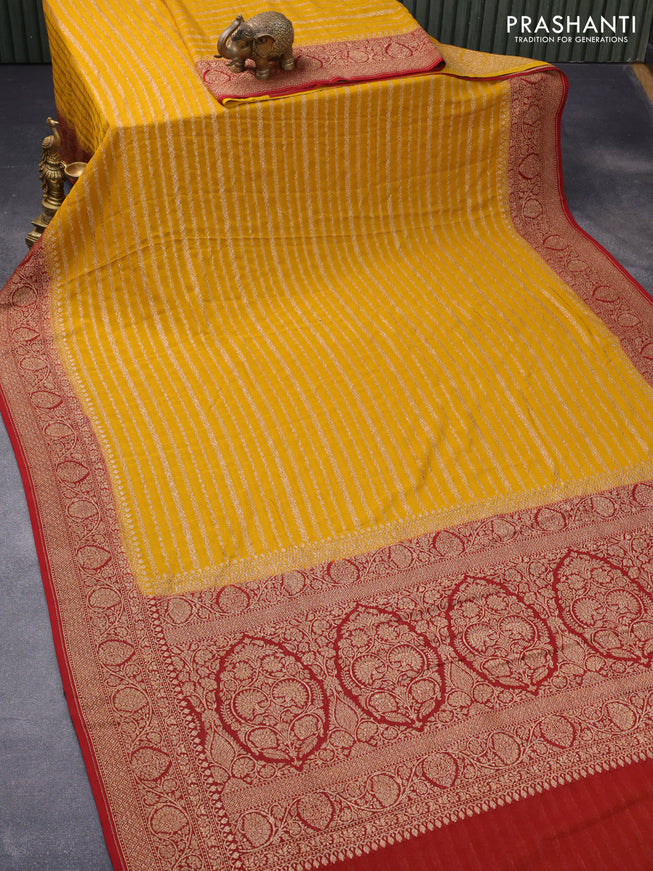 Pure banarasi georgette silk saree mustard yellow and maroon with allover thread & zari weaves and woven border