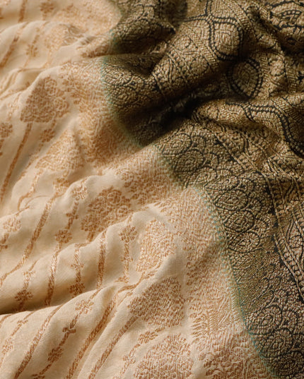 Pure banarasi georgette silk saree beige and black with allover thread & zari weaves and woven border