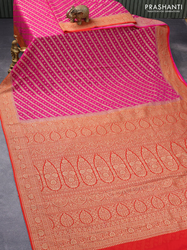 Pure banarasi georgette silk saree magenta pink and orange with allover thread & zari weaves and woven border